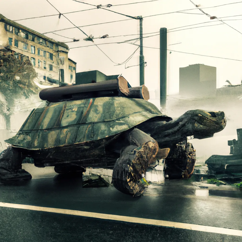 Prompt: a giant oversized turtle monster walking through a misty city street.  turtle with body military vehicle, armored  Rockets.  Military.  amazing quality.  HD intricate details. Cinematic. 