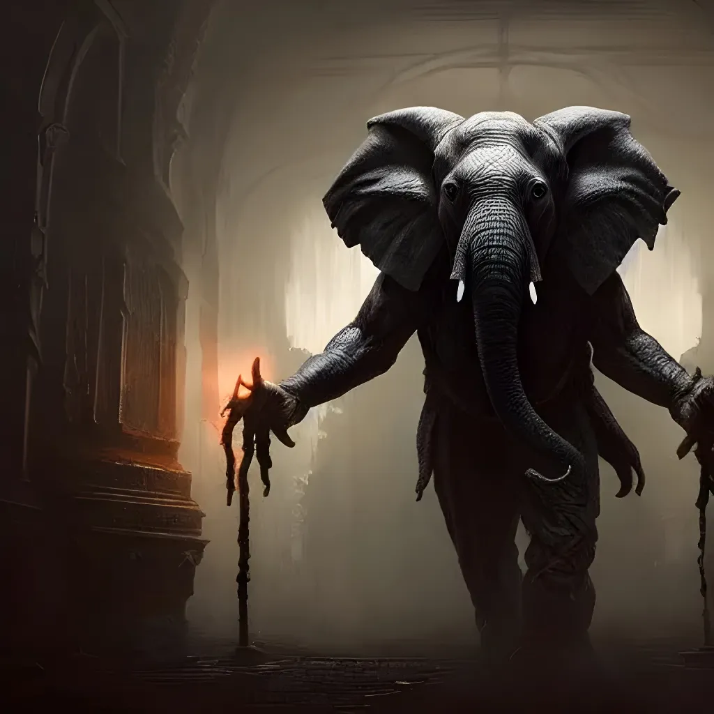 Prompt: dark fantasy, lovecraft horror, elephant human hybrid, glowing eyes, giant, 4k, sharp focus, studio photo, intricate details, highly detailed, by greg rutkowski