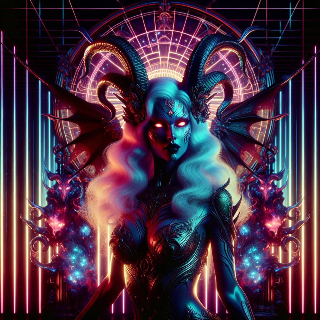 Prompt: Beautiful female succubus demonic figure in a gothic vaporwave setting, dynamic pose, beauty, neon lights casting a dramatic glow, retro aesthetic, high definition, dramatic lighting, demonic, high quality, liminal, vivid colors, detailed features, atmospheric, haunting vibe, surreal, retro-futuristic, intense gaze, otherworldly, dark and unsettling, eerie