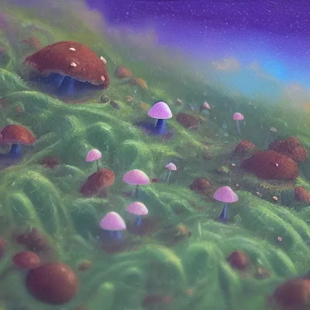 Prompt: Oil painting of a tiny cute fungi on an earth like fantasy landscape by Alejandro Bursido
