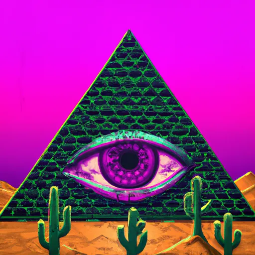 Prompt: detailed 90s aesthetic Illuminati pyramid eye highly detailed, acid trip, desert with cactus 