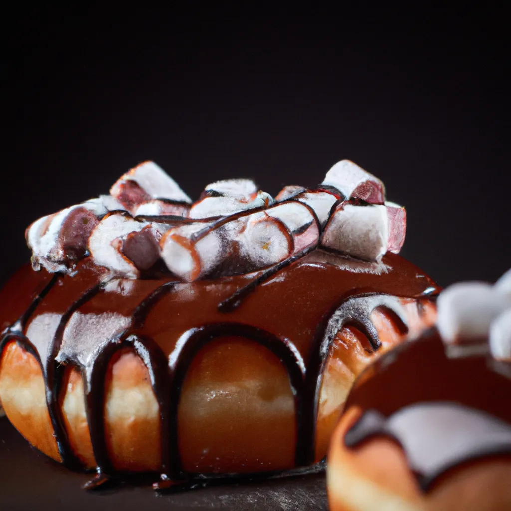 Prompt: commercial photography of a donut chocolate flavor with marshmallow toppings and swirly chocolate syrup toppings