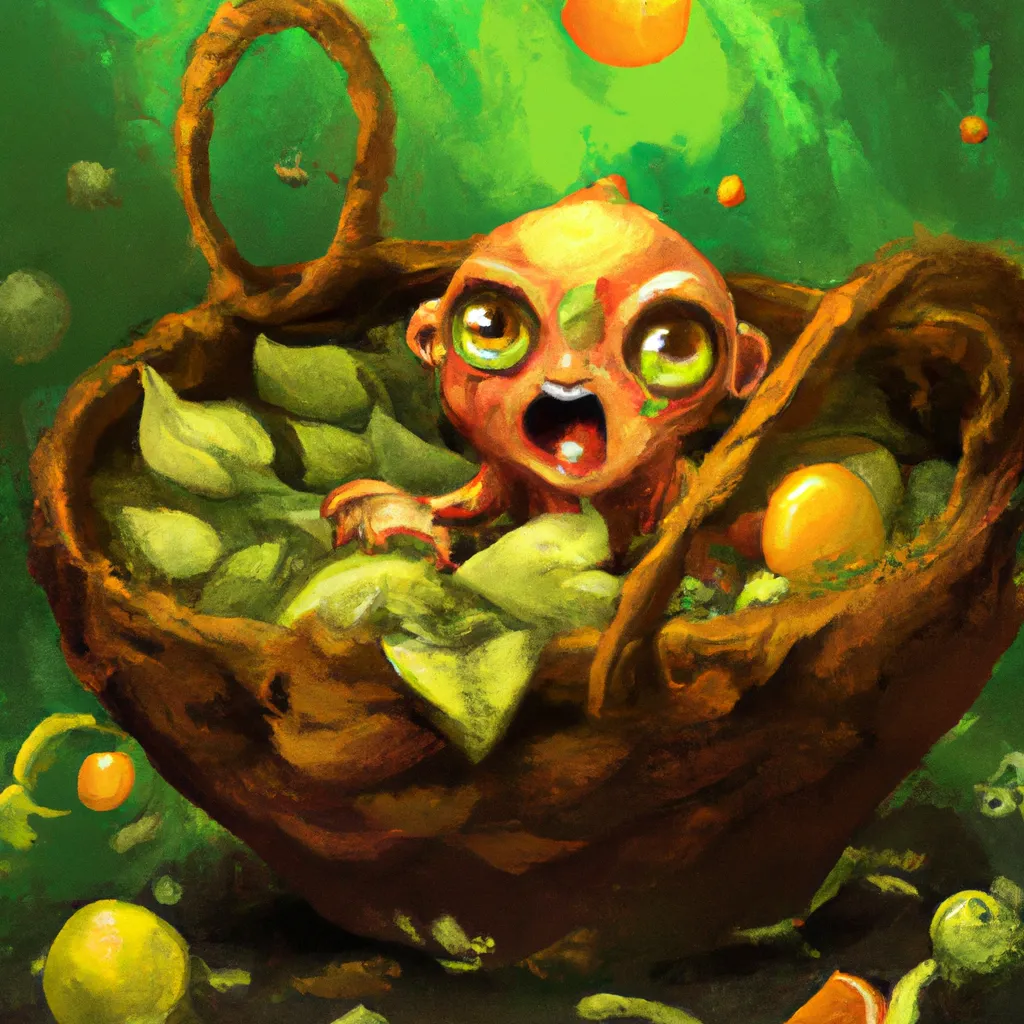 Prompt: a cute baby alien creature hiding in A basket full exotic alien fruit in the ground, digital art, ultra detailed illustration, realistic drawing, trending on artstation, epic pose, cute