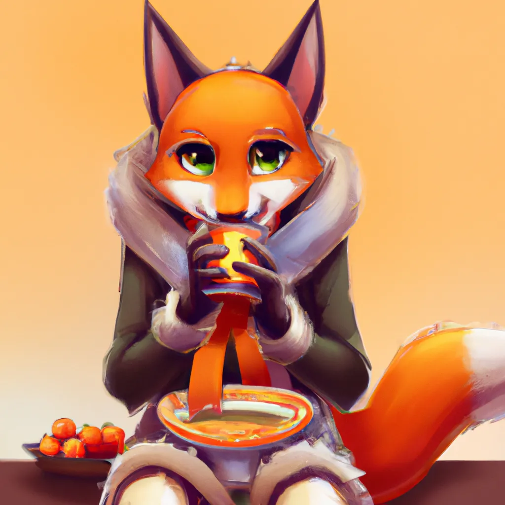 Prompt: A cute adult female anthro furry fox wearing a cozy Halloween costume drinking pumpkin soup, digital art, artstation, 8K, clean art lines