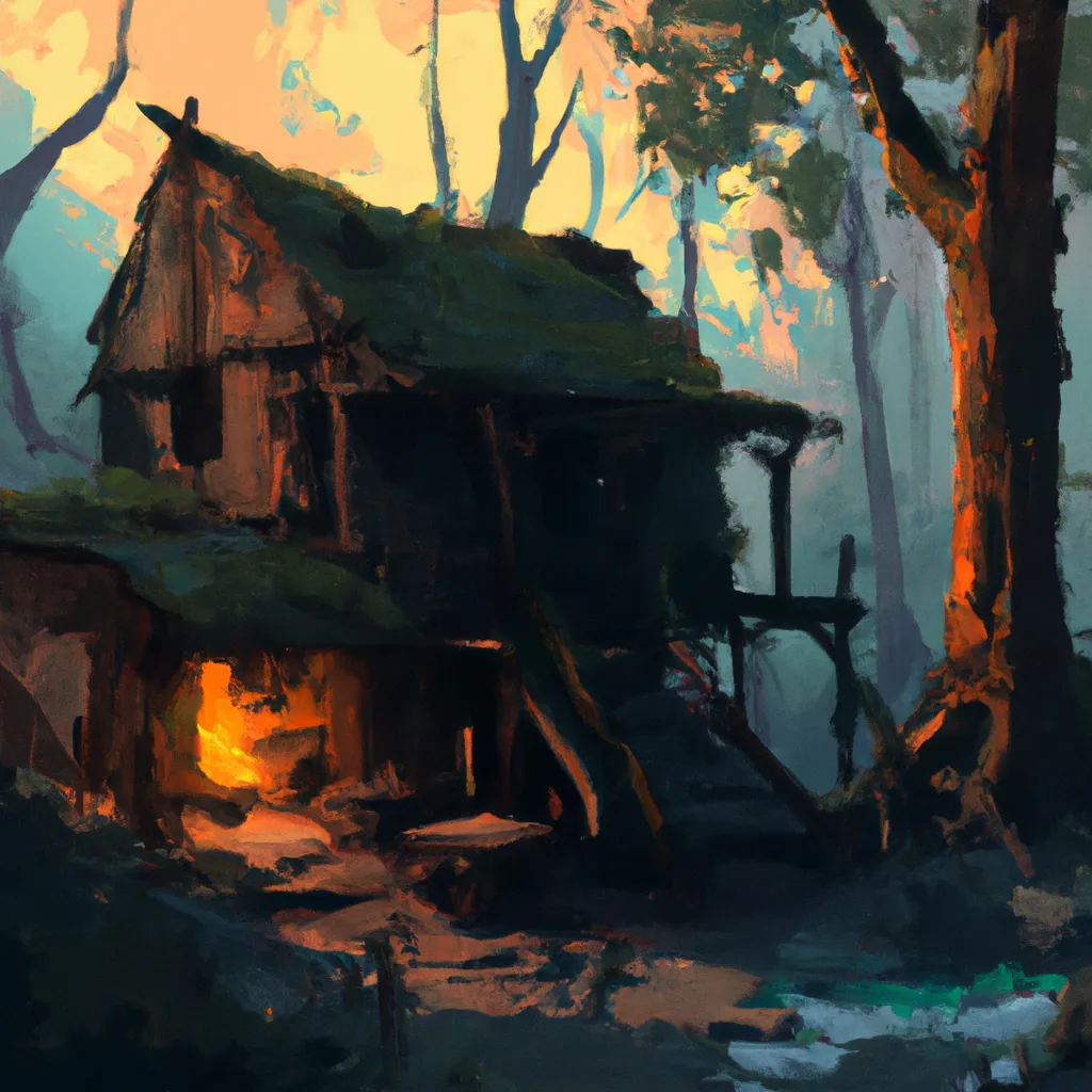 Prompt: a painting of a house in the middle of a forest, concept art by Tyler Edlin, Artstation, fantasy art, artstation hq, concept art, artstation hd