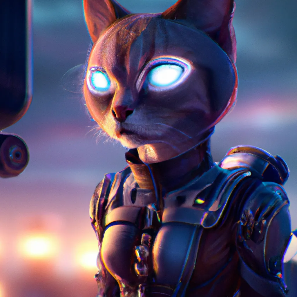 Prompt: masterpiece ultra realistic illustration of an cat  cyborg, dramatic, cinematic, ambient, unreal engine 5, cyberpunk, sci-fi fantasy. in the style of wlop, rossdraws, artstation trending.