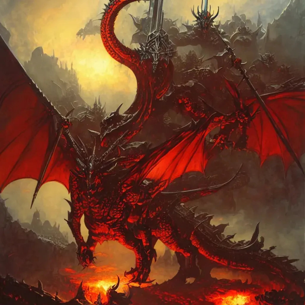 Prompt: Demonic Dragon Knight, heavy armed and armored, giant spears, fantasy art by Frank Frazetta, by Marc Simonetti, highly detailed, oil on canvas