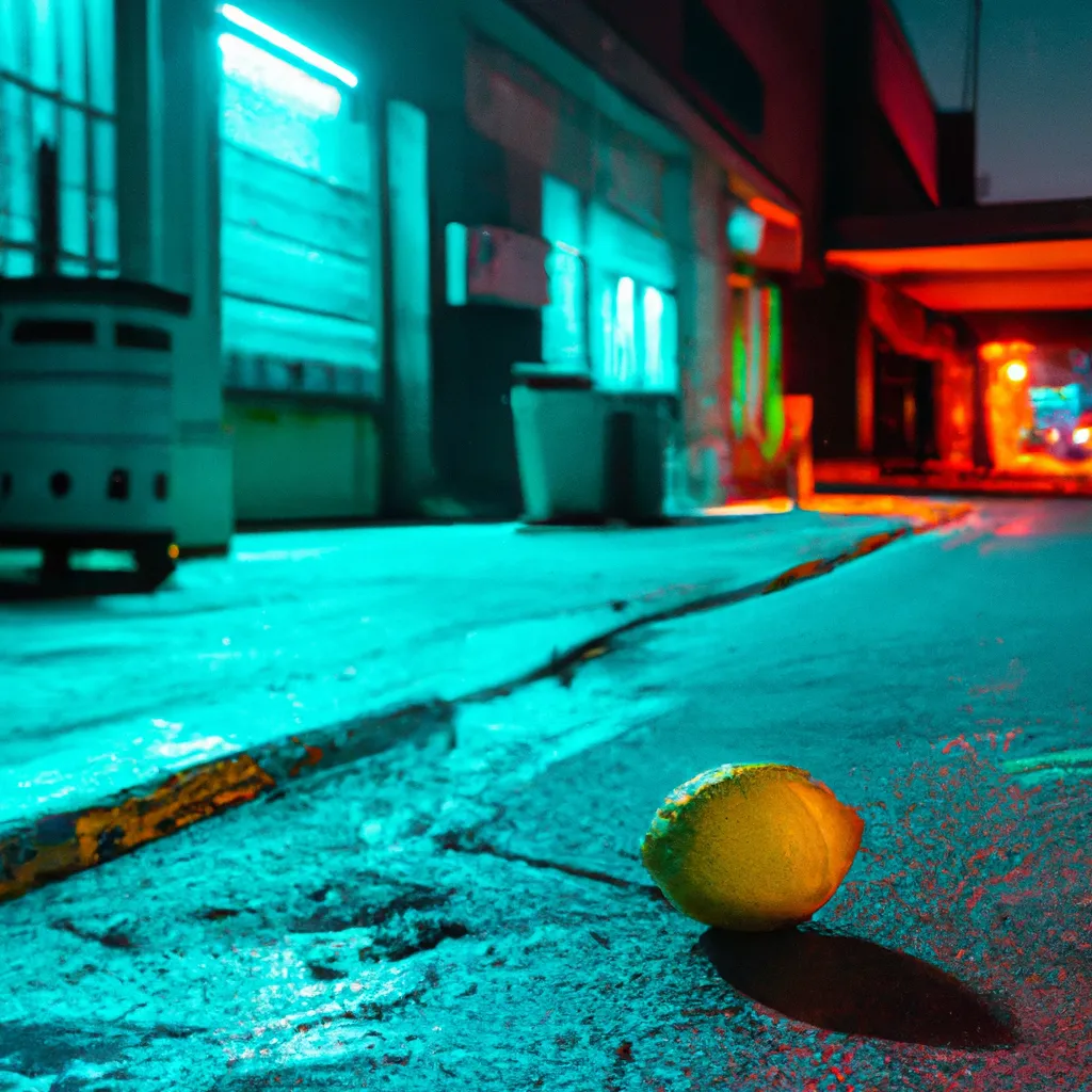 Prompt: A Cyberpunk Scene of a lemon in an empty city street at night with glowing signs and brightly colored lights that cast an eerie glow over the scene. dramatic cinematic lighting.  