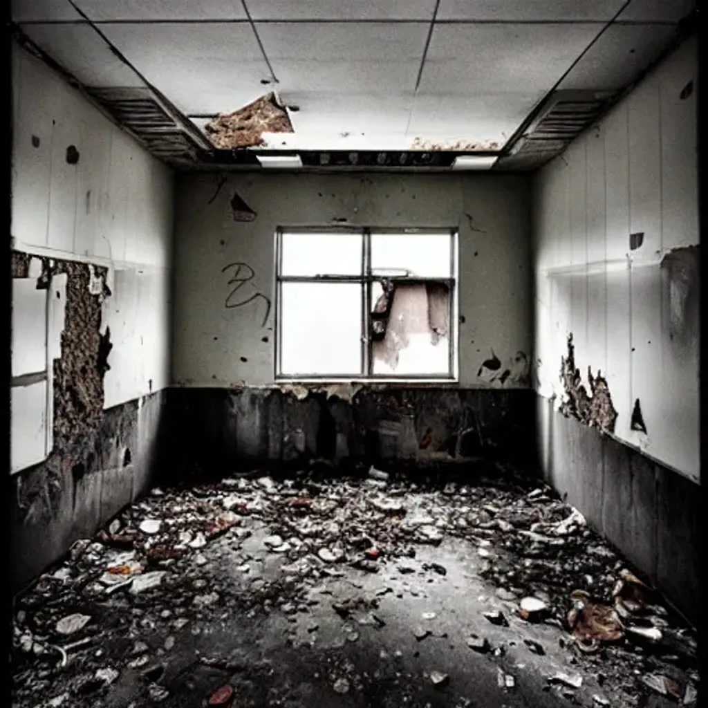 Prompt: abandoned school, broken tables, posters on walls, concrete hallways, ground with garbage, covered windows and liminal space, dark