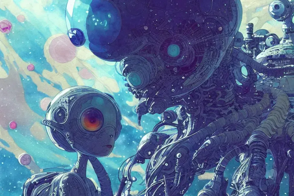 Prompt: strange alien, outer space, deep space, beautiful, manga, insanely detailed and intricate digital illustration by Hayao Miyazaki, Ismail Inceoglu, M.W. Kaluta and Yoshitaka Amano, a masterpiece, close-up, 8k resolution, trending on artstation, delicate, watercolor, soft