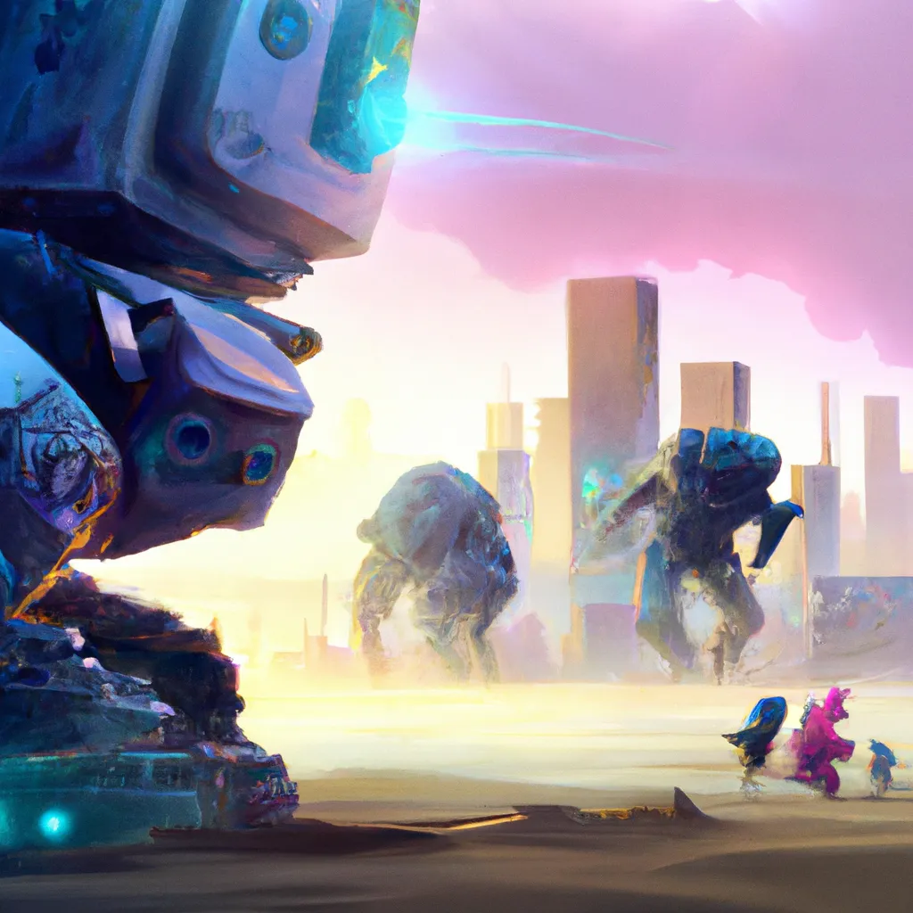 Prompt: Bright colored robots in a dystopian wasteland, Vivid, cinematic, by Willem van Veldhuizen and Simon Stålenhag, hyperrealistic, digital illustration 