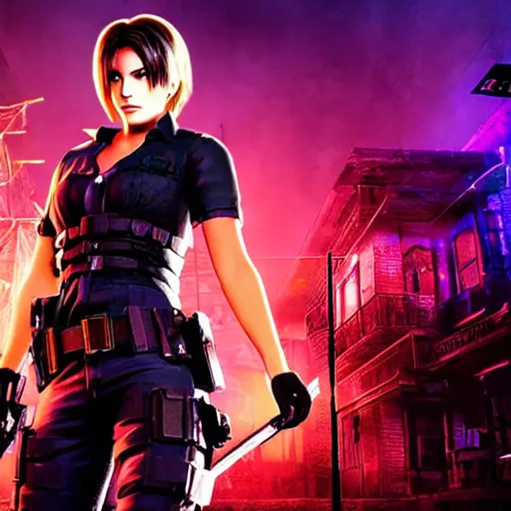 Prompt: Alice resident evil illustration, https://cdn.openart.ai/uploads/upscaled/abstract-art-neon_j3huwl8M_upscaled.jpg, https://cdn.openart.ai/uploads/image_random_m8n0G2pD_1671769589492_512.webp, artstation, by greg rutkowski, Jason Edmiston, cyberpunk, random shot angle 