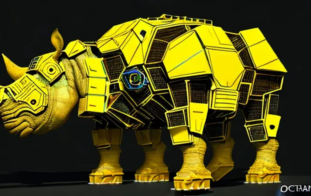Prompt: a biomechanical cyborg Rhinoceros, yellow and black color scheme, metal plates, hydraulics, steampunk, heavy gears, Monet, hd, rule of thirds, symmetrical, palette,  colorful,  cyborg, neon lights, atmospheric, highly detailed and intricate, hyper realistic, yellow and blue, sci fi, artstation, octane render, 8k 