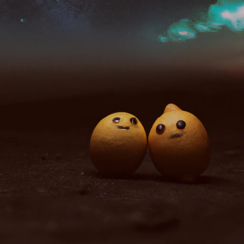 Prompt: 2 little cute lemons hugging each other, on the planet mars, vibe, clear dark sky, cosmic, smile, cinematic lighting, award winning photo, hyper realistic, panorama, abandoned planet, discovery, but the moon is also a lemon