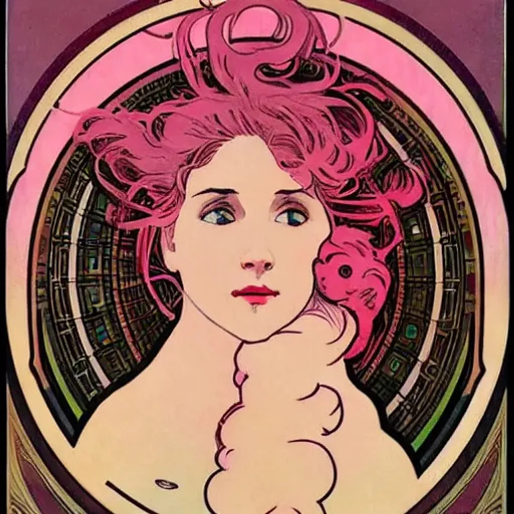 Prompt: a portrait of a young adult woman with real pink hair at the end of the universe, by Alphonse Mucha