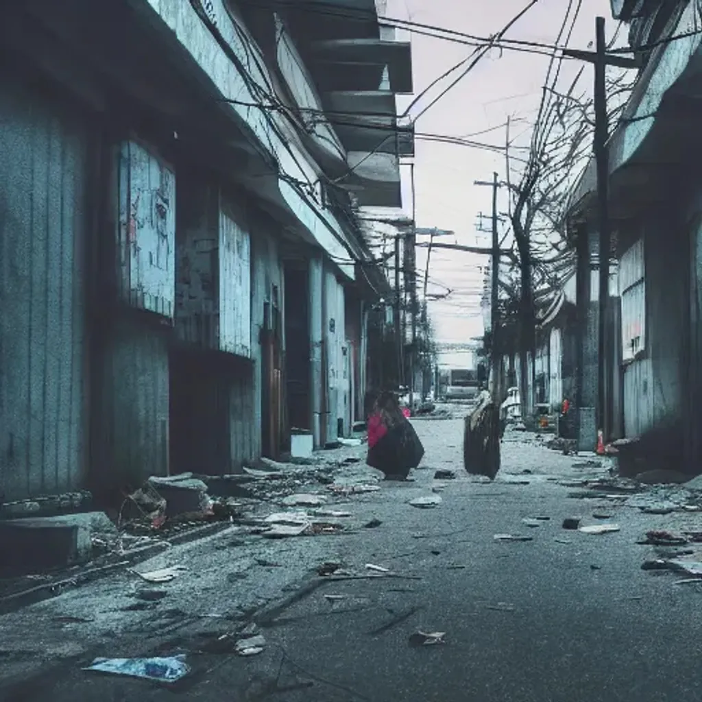 Prompt: abandoned korean street at night, creepy people standing, garbage on ground