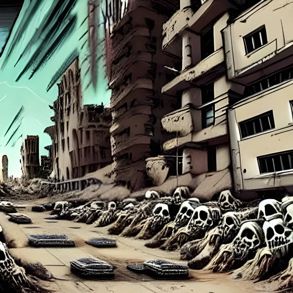 Prompt: dystopian wasteland city streets, piles of skulls, blasted, bleach white buildings made of bone, desert landscape, in a canyon, mutated figure in gas mask carrying a machine gun in a violent battle, fire leaking from within the ground, graphic novel style, manga, multicolored 