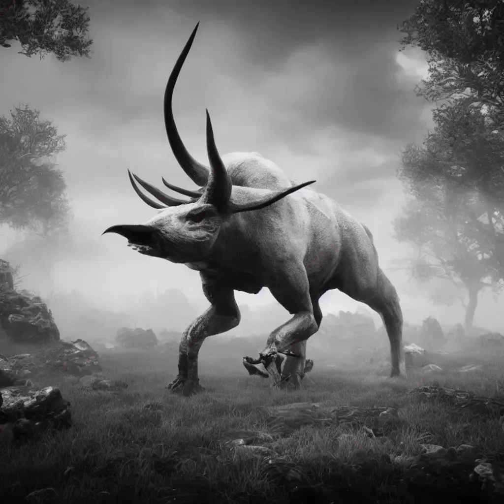 Prompt: species of animal combined into one, mythical, beautiful, terrifying, depressing, bright, shades of grey, black, white, striking, minimal color, photorealism, 4k, 8k, unreal engine