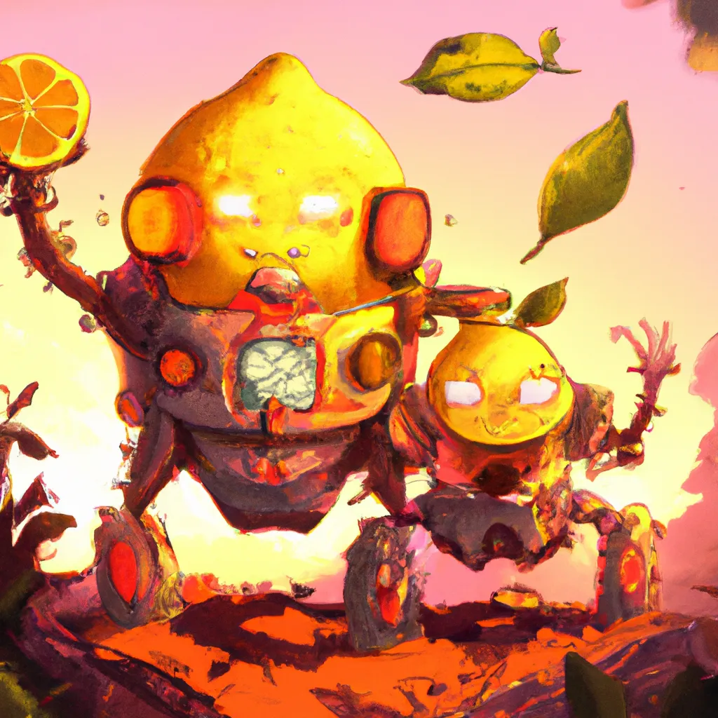 Prompt: the cute lemon Familly character big robots, steampunk style, artstation, golden hours, HQ, 4K, center, reference pose, Lisa Frank