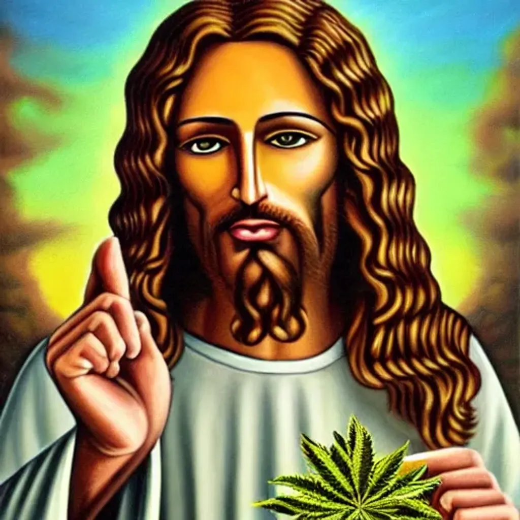 Prompt: detailed painting of jesus christ holding up a marijuana joint. 
