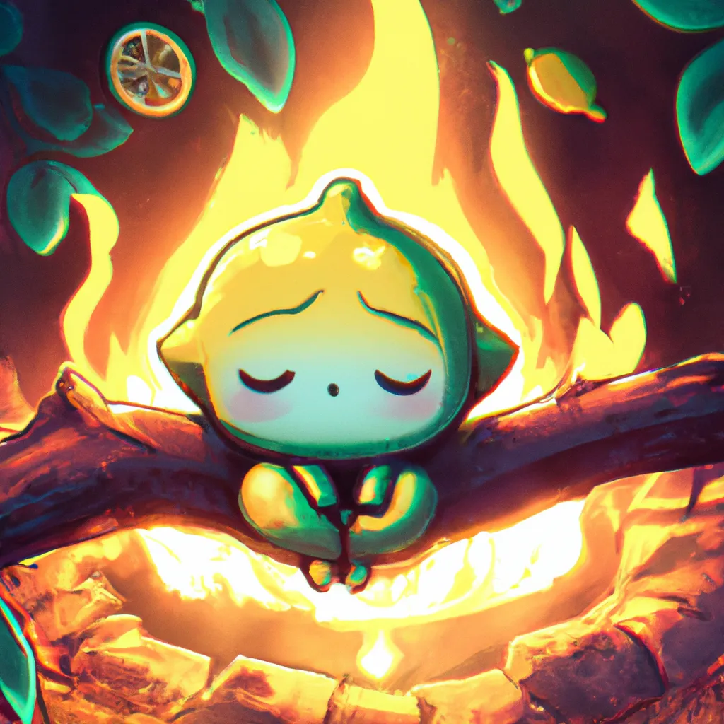 Prompt: Key Disney Visual of an enthusiastic  cute anime lemon critter sleeping by a fire , background is a forest, green and dark blue colour palette; Digital art, trending on artstation, Photorealistic Illustration, anime key visual, cinematic, Ultra Detailed , trending on pixiv, kawaii eyes