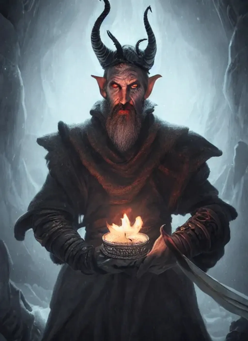 Prompt: Portrait of Old tiefling Olgierd von Everec with bat wings on his back, grey hair and piercing, a flame in one hand, a simicar in other hand, dark snowy iceberg, perfect composition, hyperrealistic, super detailed, 8k, high quality, trending art, trending on artstation, sharp focus, studio photo, intricate details, highly detailed, by greg rutkowski