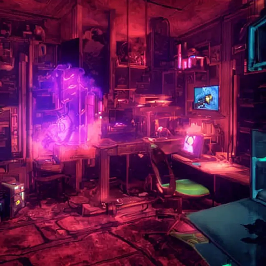 Prompt: bioshock's rapture in neons in a fort frolic, bedroom apartment with a bed and a desktop workspace with 3 monitors