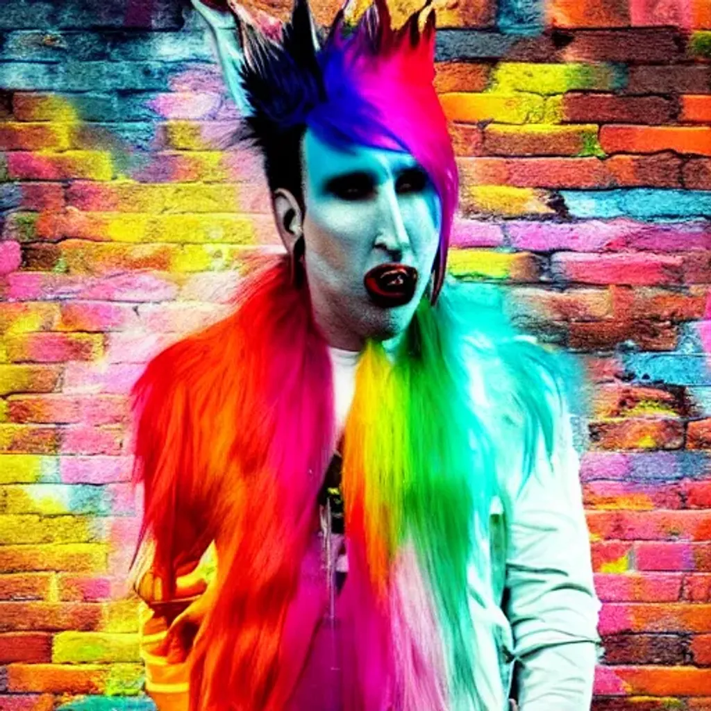 Prompt: Color splash of rainbow Mohawk on Marilyn Manson in the middle of an urban brick alley, mist soft Vignette 