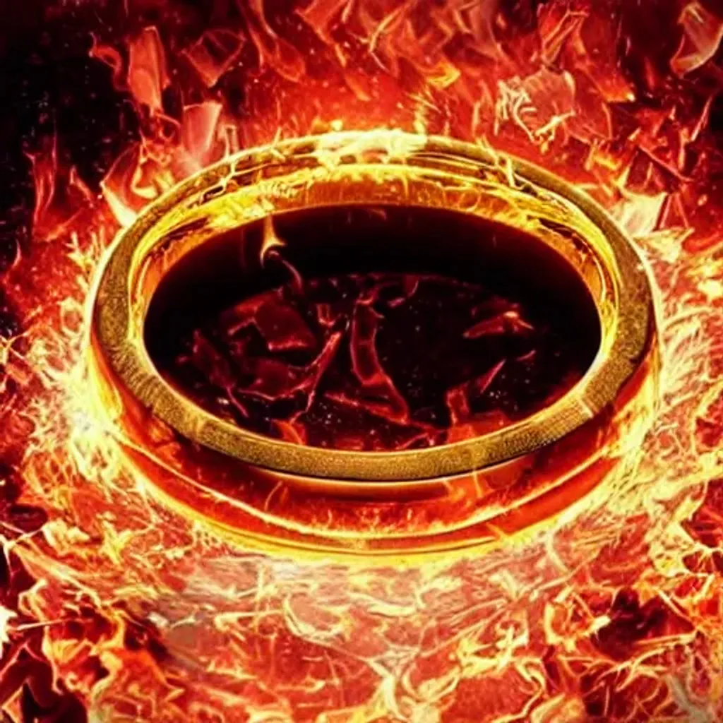 Prompt: super detailled close-up image of the ring of lord of the rings :: created by Pixar :: fire surrounding :: elb letters