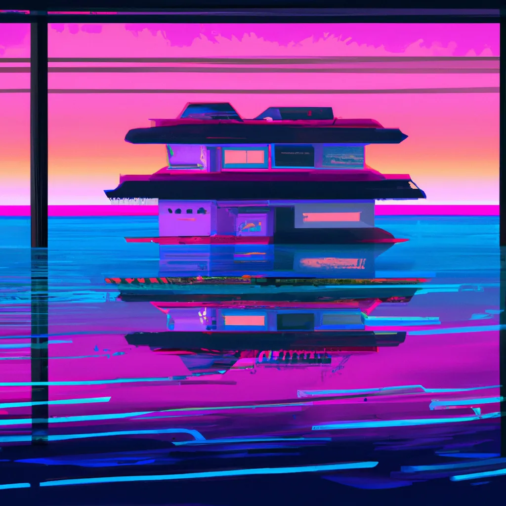 Prompt: Japanese house on mirror floor, outrun, retrowave, synthwave, vaporwave, digital art