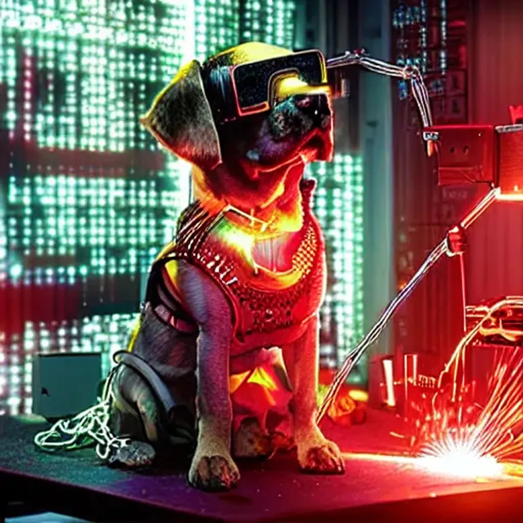 Prompt: cyberpunk laboratory, very very intricate, very highly detailed, lasers, intelligent armored cybernetic dog, dog wearing virtual reality headset, neon colors, wires, welding, mechanical tail, machine arm welding upgrade onto dog

