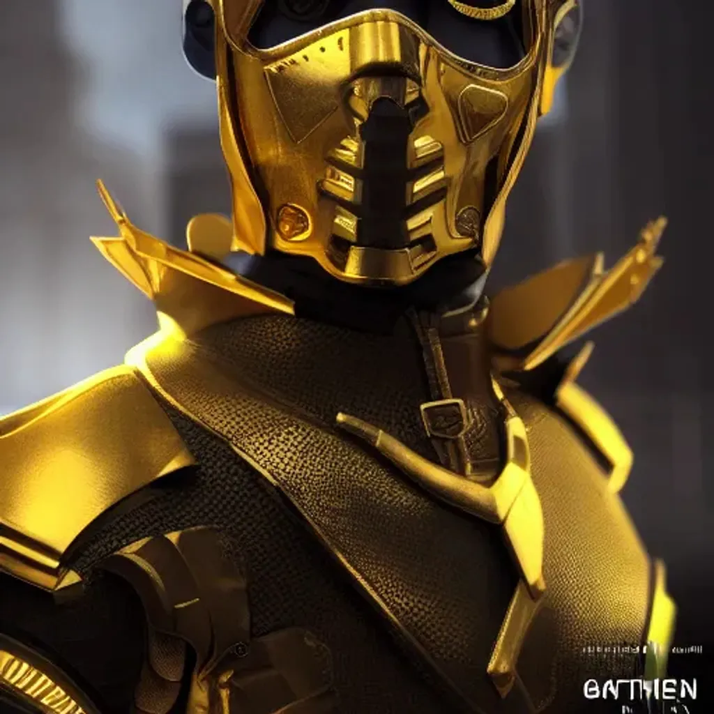 Prompt: Male Avatar wearing futuristic black and gold armor with gold trim, Steampunk Tech, Yellow and Blue Hypereactor lighting, cinematic lighting, fashion fashion, hyperrealism, octane render, trending on artstation, Beam nightmare, Roger Moore 