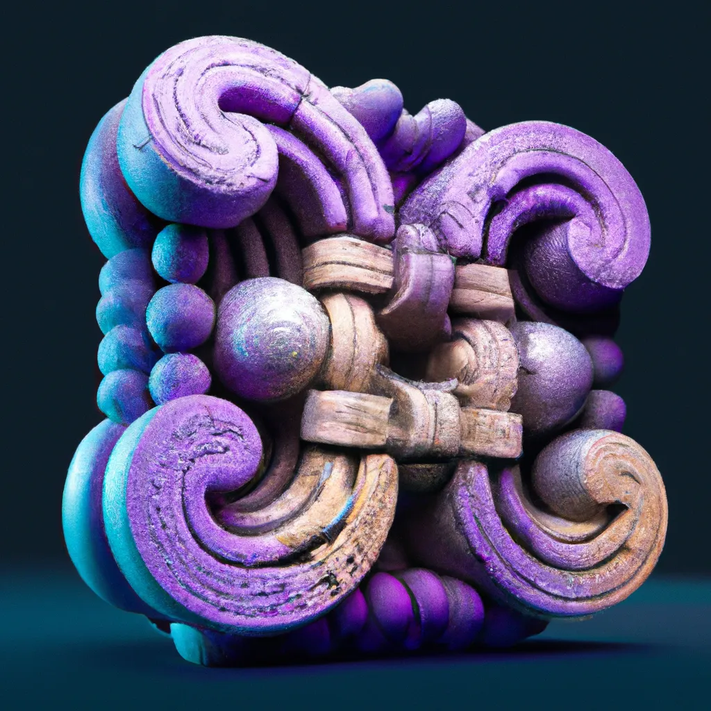 Prompt: Math shaped sculpture, professional photography, octane render, rough texture, digital art, cyan and purple, frontal view, profile picture