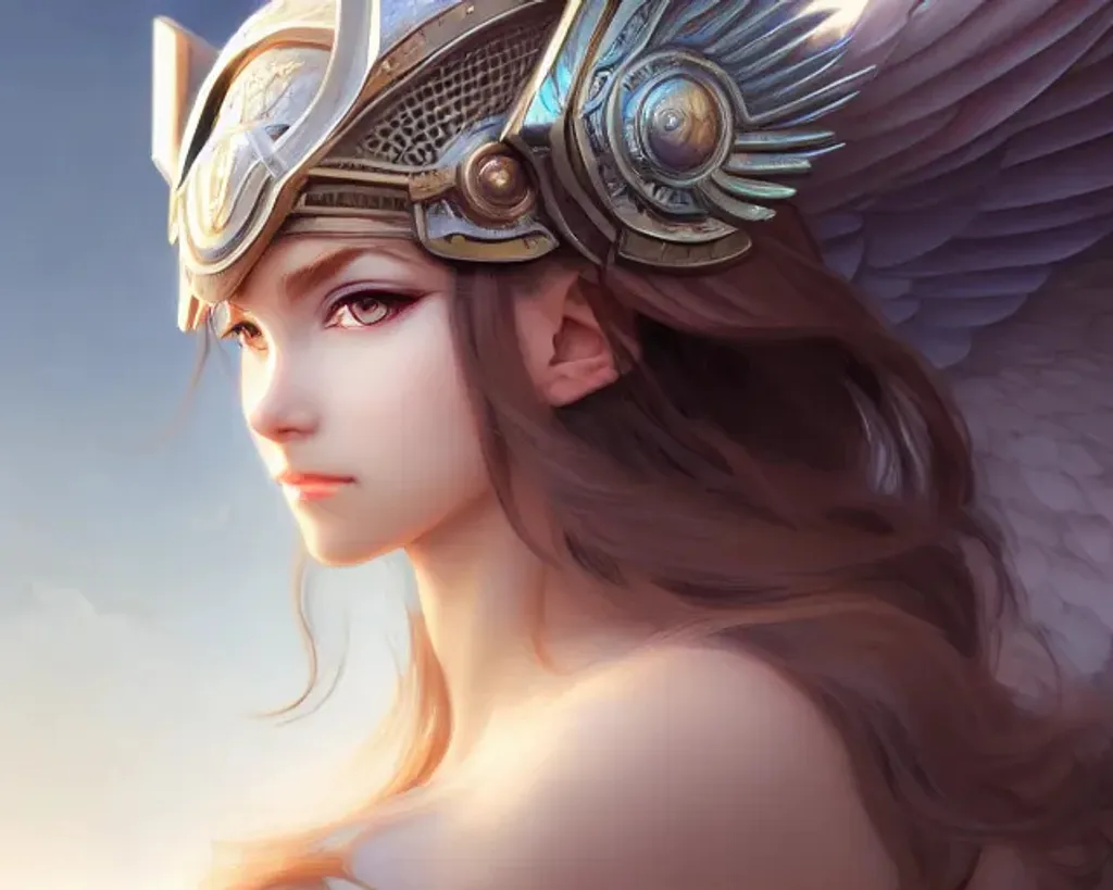 Prompt: Closeup face portrait of a female valkyrie, winged helmet, smooth soft skin, big dreamy eyes, beautiful intricate colored hair, symmetrical, anime wide eyes, soft lighting, detailed face, by makoto shinkai, stanley artgerm lau, wlop, rossdraws, concept art, digital painting, looking into camera