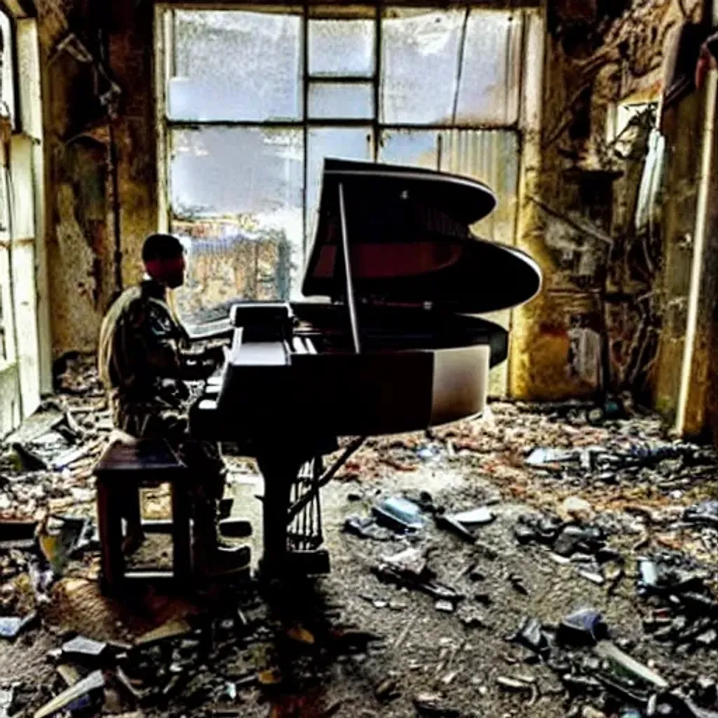 Prompt: A futuristic soldier playing the piano in an abandoned pub
