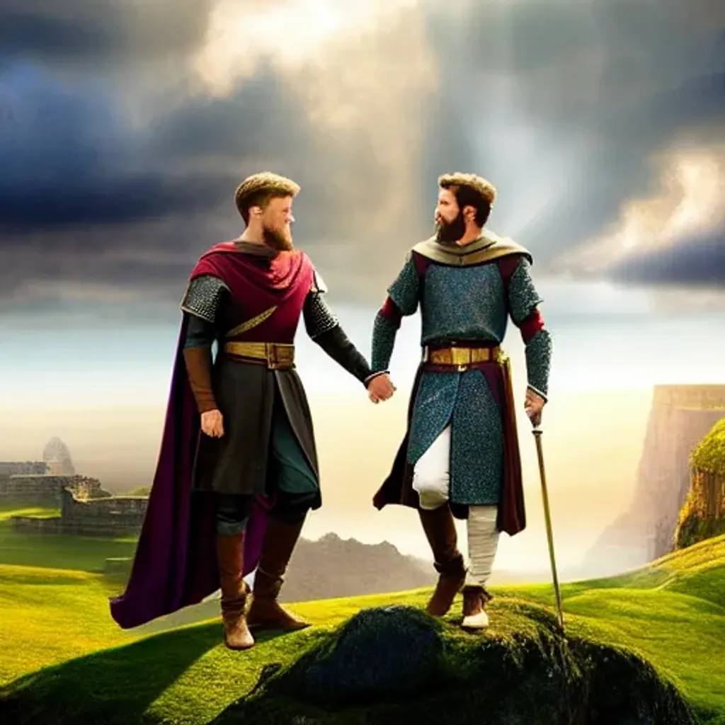 Prompt: King Arthur and the wizard Merlin, on the quest for the holy grail, ethereal, coherent, peaceful, good, focused, high resolution, cinematography, cinematic composition, beautiful, charming, photography, dreamy, perfect, brilliant, high quality, sweet, oil painting, handsome, high definition, calming, digital art
