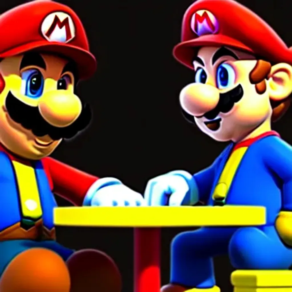 Prompt: Super mario and walter white sitting at a table 