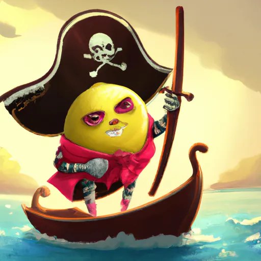 Prompt: cute lemon character on the boat on the ocean, pirate style, center, reference pose, artstation, golden hours, 4K, Lisa Frank