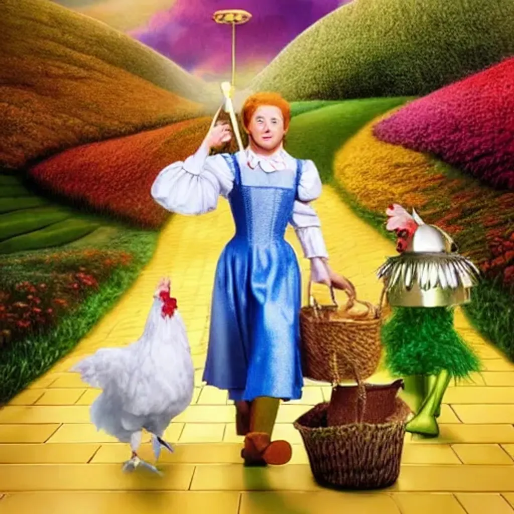 Prompt: Ultra high Quality photo | The Wizard of Oz eating Ice Cream along the yellow brick road, Fantasy, Dynamic Lighting, 3D Render, Ultra Realistic, 4K HD Photograph | chickens  | fine details and expressions | industrial revolution | ultra high resolution octane | midjourney | centered | photo realistic | upscale | by Artgerm Artstation, Hanako Yamamoto Disney Pixar 
