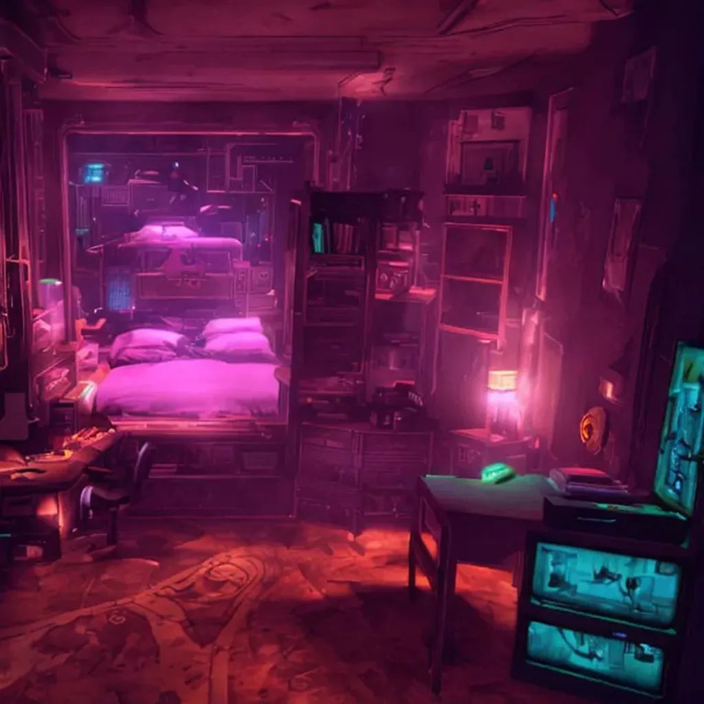 Prompt: bioshock's rapture in neons in a fort frolic, bedroom apartment with a bed and a desktop workspace with 3 monitors