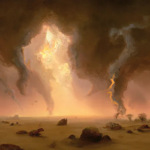 Prompt: An epic painting of an aggressive sand storm in an Incandescently lit post apocalyptic landscape, ultra wide angle landscape painting, by Frederic Edwin Church and Nadav Kander