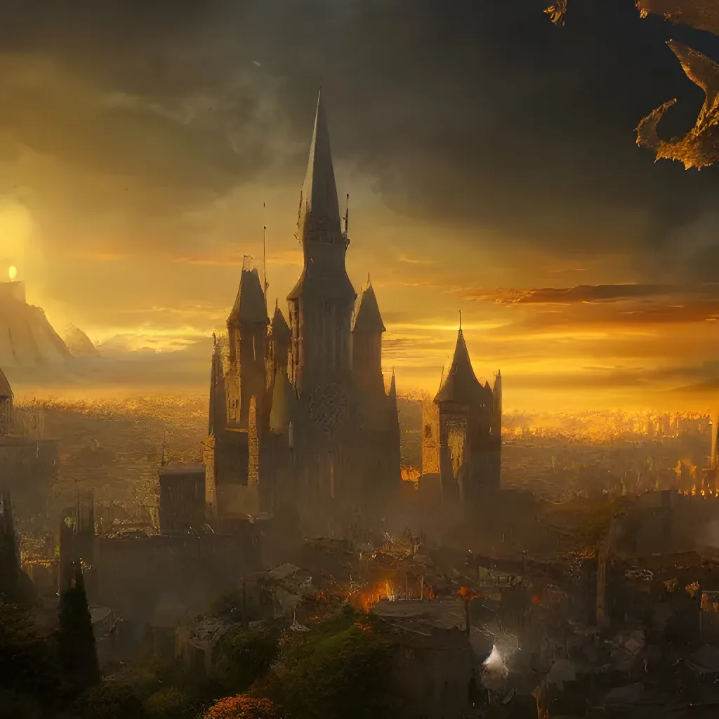 Prompt: large medieval city of magic lost in time at sunset, art station, matte painting, hd