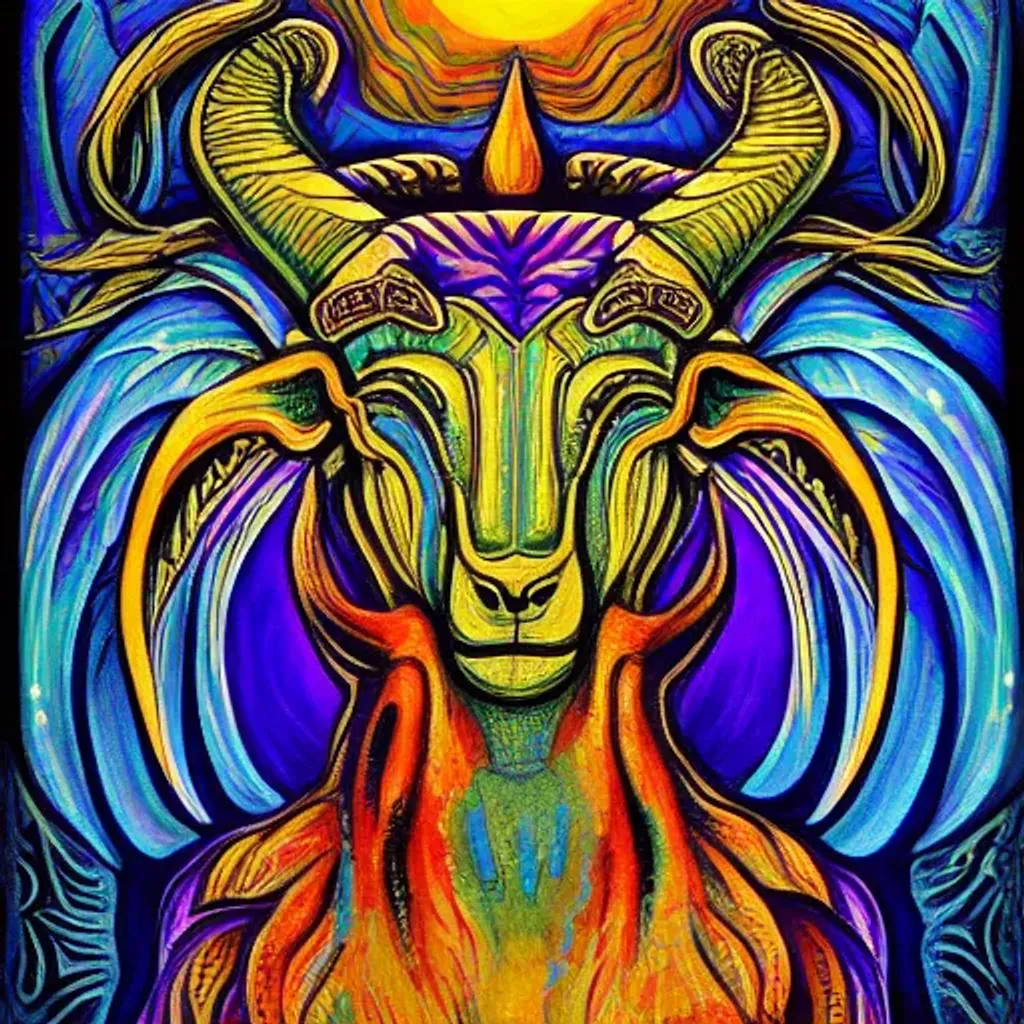 Prompt: psychedelic demonic goat head god. holding entire earth esoteric art, divinity detailed, saturated colors