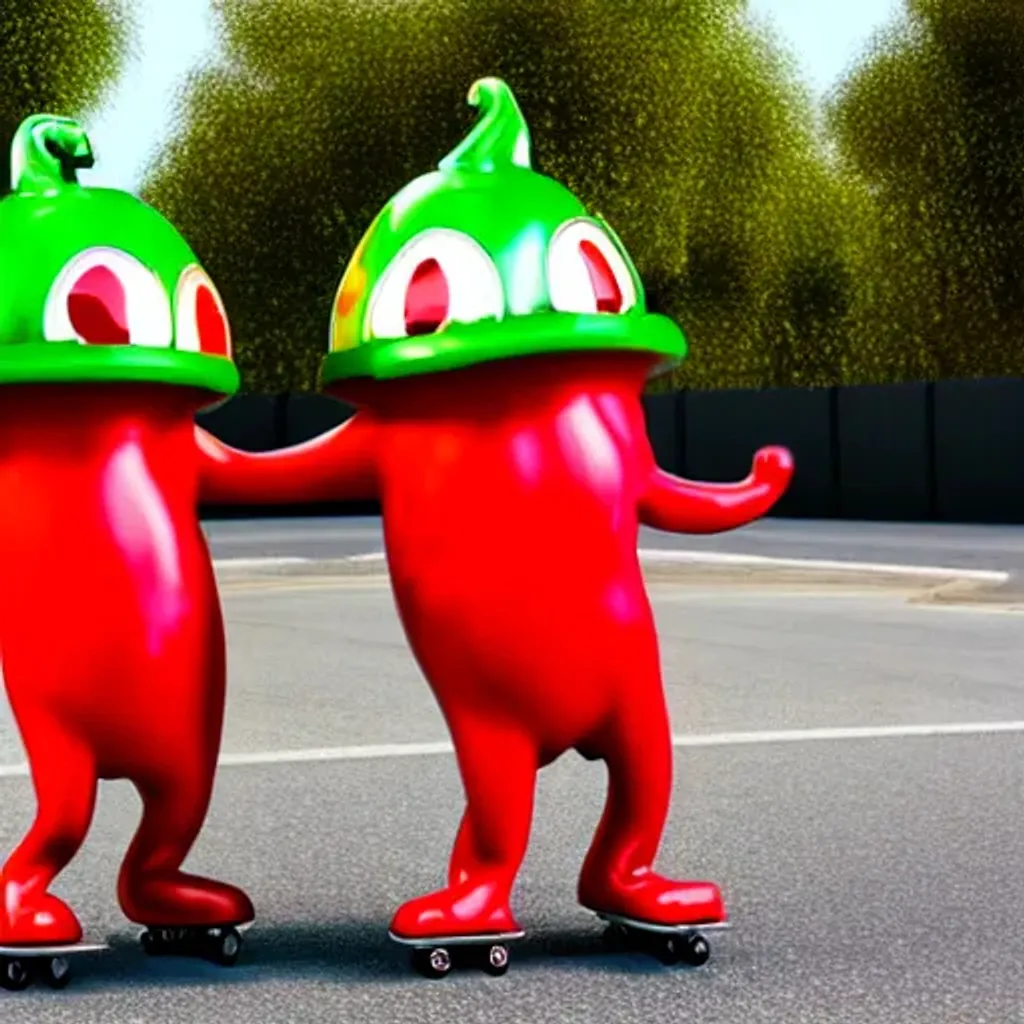 Prompt: Two race cars of anthropomorphic hot chilis peppers, one desaturated red and one desaturated green, skateboarding| Giant Cosmic mushroom  | cute girl | in the style of Rutkowski  | perfect exposure | soft muted colors desaturated | 3d render | octane lighting | dream fantasy | centered | octane render artstation trending 8k ultra-detailed  | sharp focus golden ratio | Disney Pixar Dreamworks 