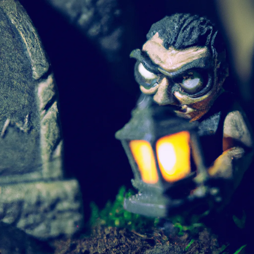 Prompt: Hyperrealistic Miniature carved frankenstein minion sitting on a grave at a graveyard and smirking, eyes glowing, holding lantern, studio quality, cinematic, sharp focus, smooth