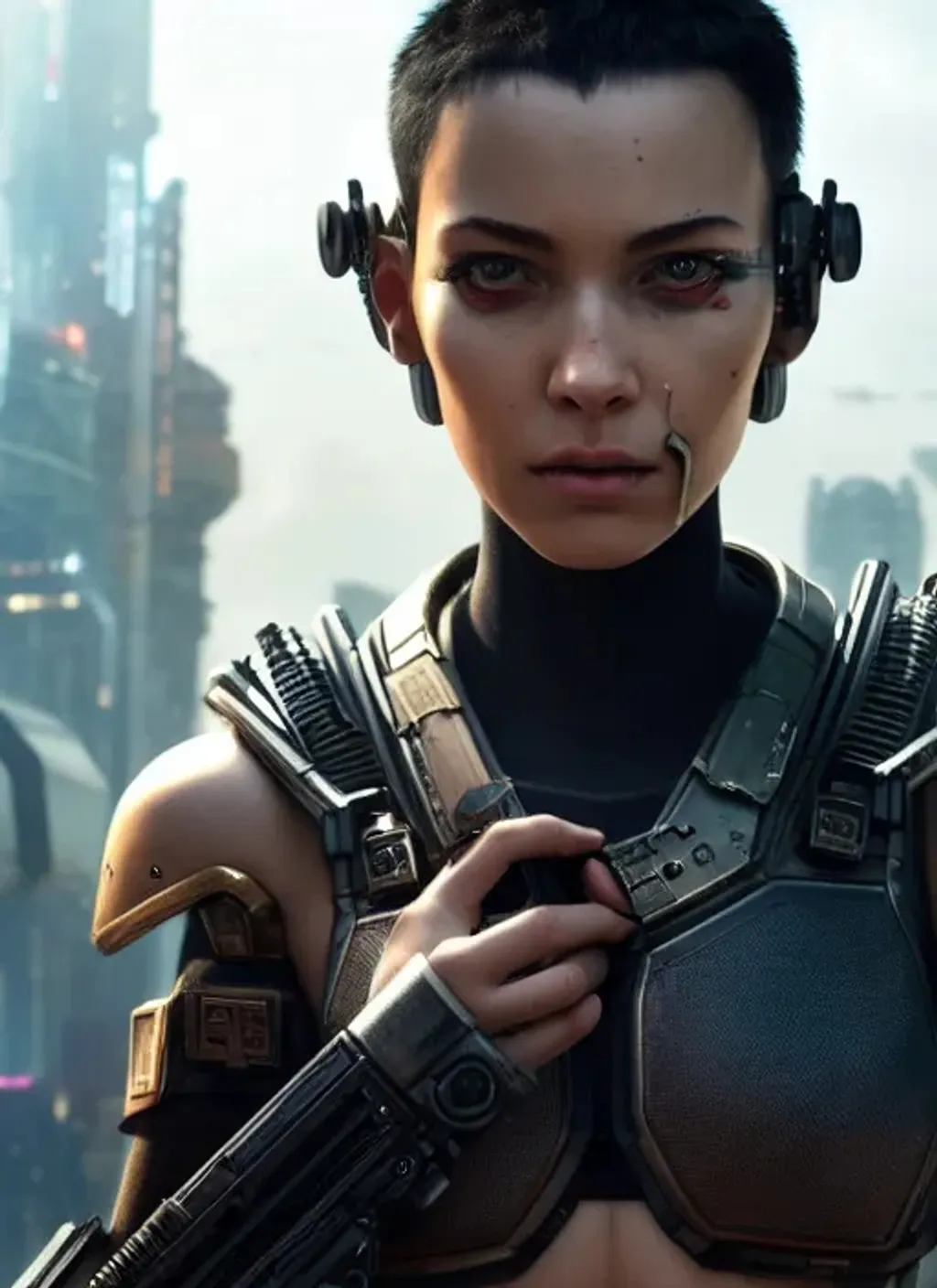 Prompt: Extremely detailed portrait of  cyberpunk soldier with black short hair, extremely detailed  cyberpunk street in background , 8k, high quality, concept art, trending on artstation, sharp focus, studio photo, intricate details, hyper detailed