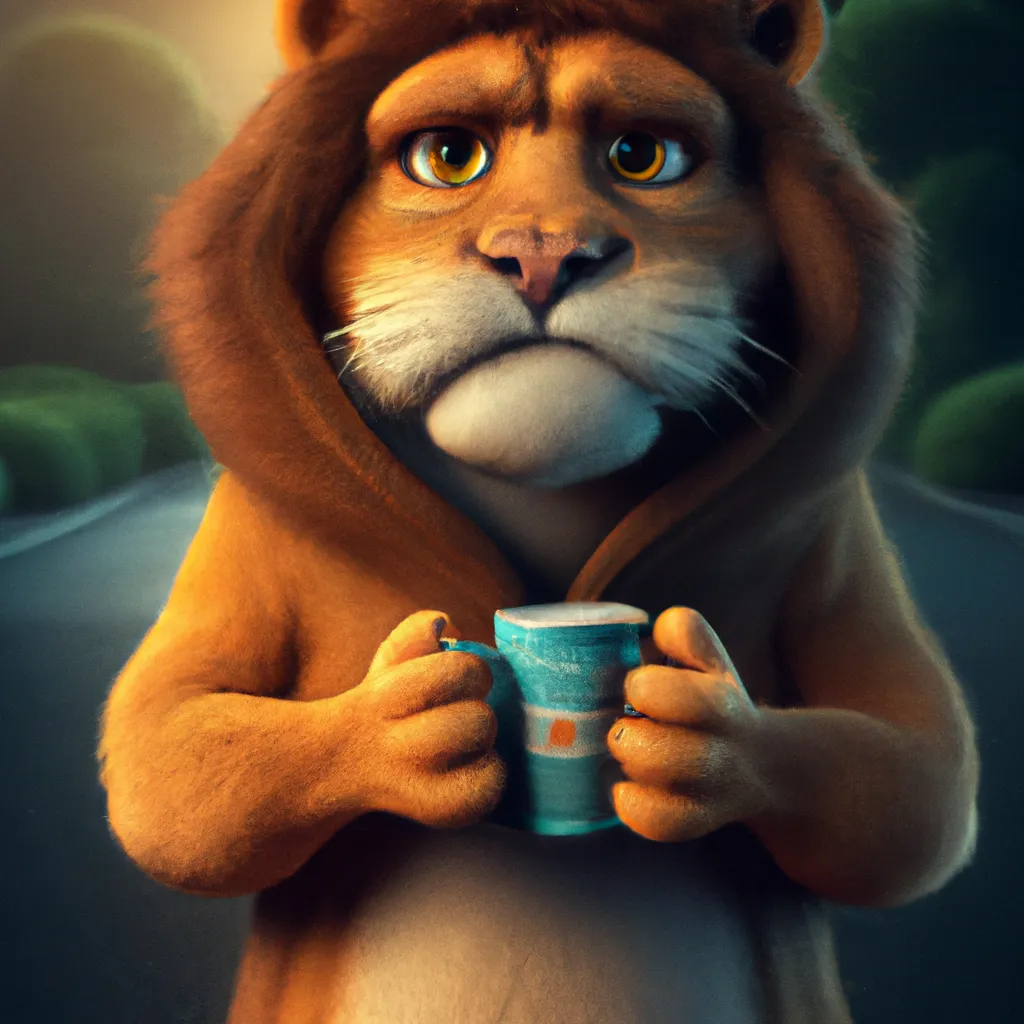 Prompt: grumpy lion with big eyes in hoodie chubby pixar holding a coffee cup complete dark background, digital Art, perfect composition, beautiful detailed intricate insanely detailed octane render trending on artstation, 8 k artistic photography, photorealistic concept art, soft natural volumetric cinematic perfect light, chiaroscuro, award - winning photograph, masterpiece, oil on canvas, raphael, caravaggio, greg rutkowski, beeple, beksinski, giger, white background. icon on white background. isolated graphic, digital Art, perfect composition, beautiful detailed intricate insanely detailed octane render trending on artstation, 8 k artistic photography, photorealistic concept art, soft natural volumetric cinematic perfect light, chiaroscuro, award - winning photograph, masterpiece, oil on canvas, raphael, caravaggio, greg rutkowski, beeple, beksinski, giger