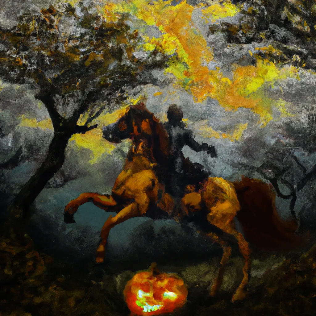 Prompt: A majestic and creepy painting of a headless horseman riding his horse in the woods, while holding a fiery pumpkin in one hand. Ominous, cloudy sky.