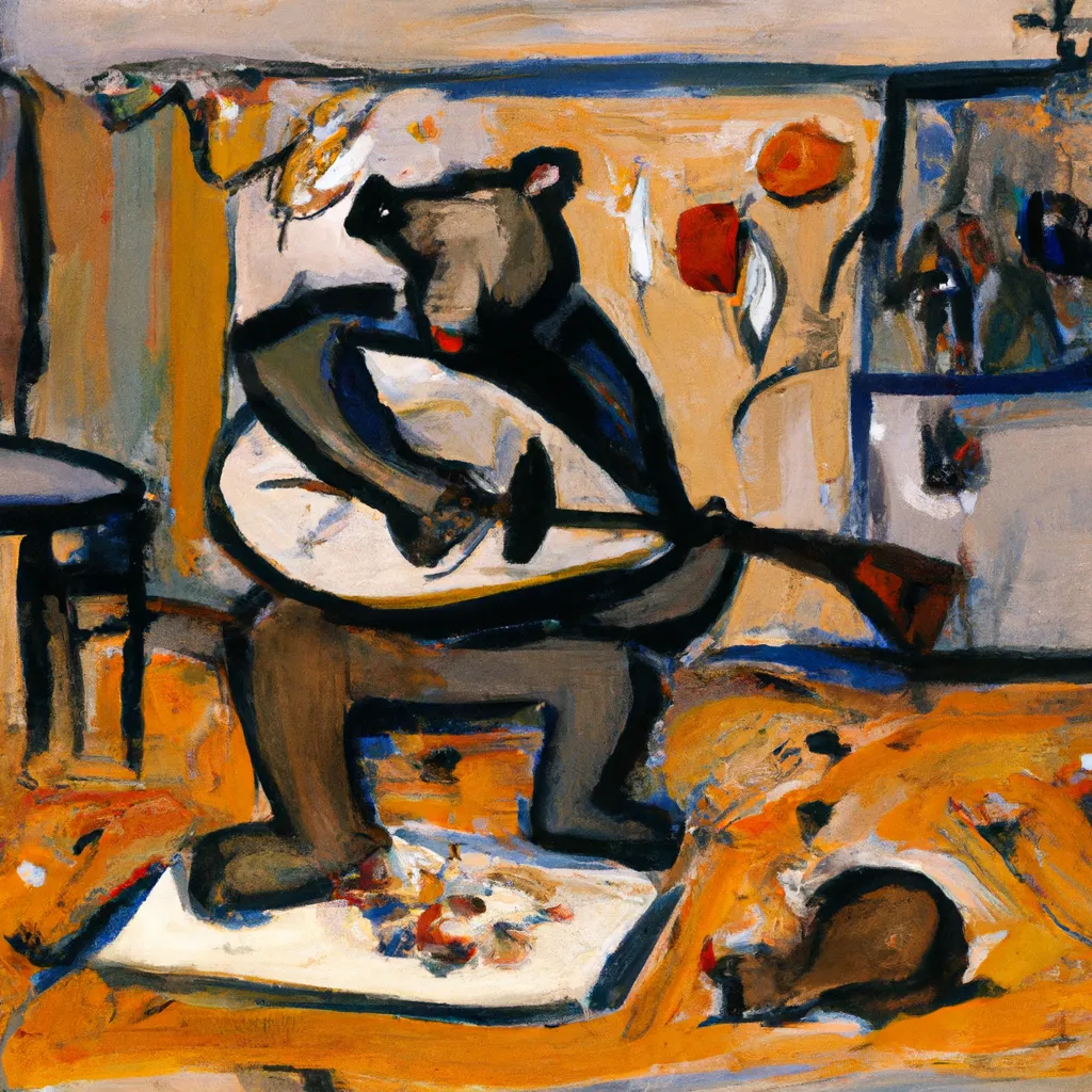 Prompt: Bear Playing a Lute in a Tavern, by Willem de Kooning