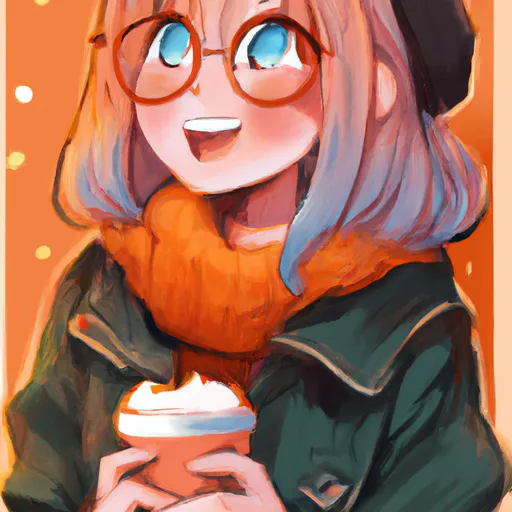 Prompt: American shot anime key visual of an enthusiastic anime girl wearing a cozy winter outfit, watching her pumpkin spiced latte excitedly, contrasted and bright; brown, orange, green and dark blue color palette; Digital art, trending on artstation, Photorealistic Illustration, anime key visual, cinematic, Ultra Detailed